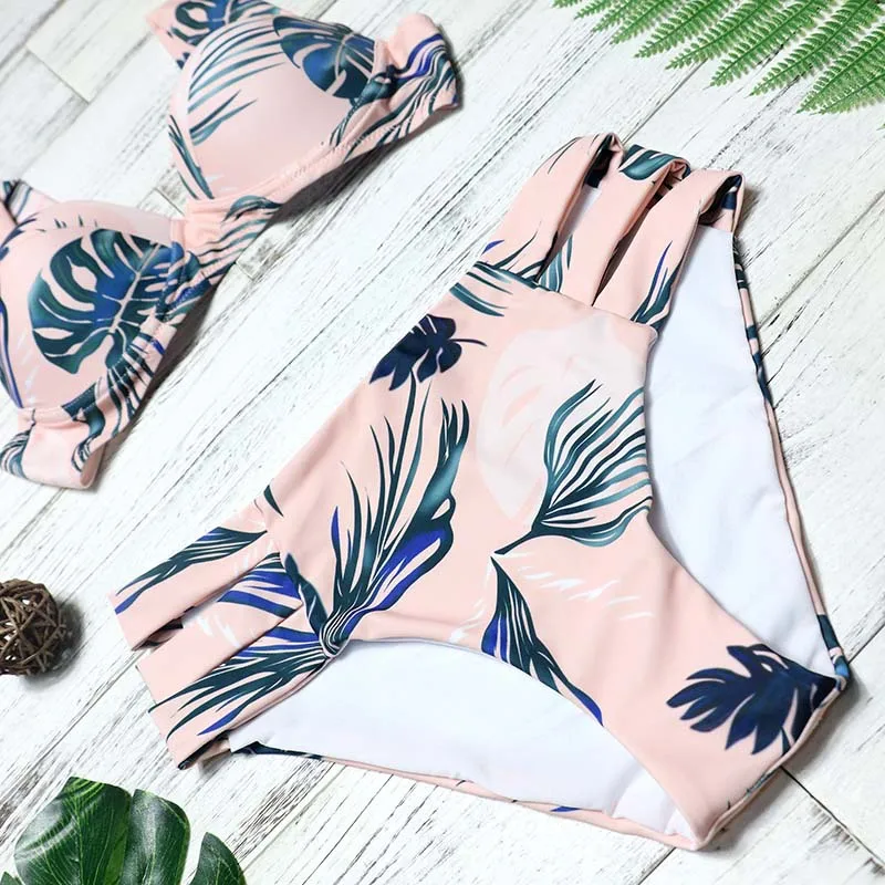 Женский раздельный купальник с принтом листьев и чашками пуш ап|Купальники| |