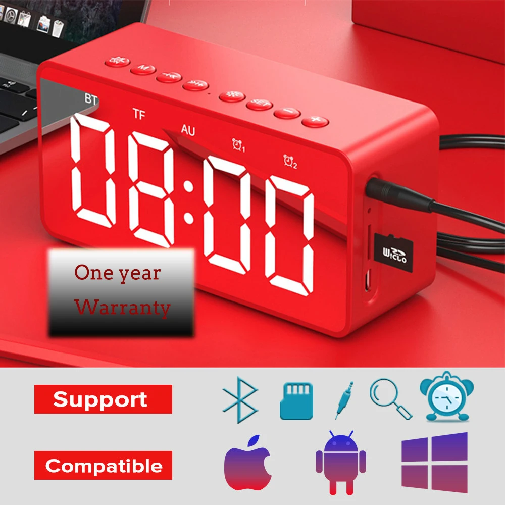 

BT506 Alarm Clock Bluetooth speaker 3D stereo super bass HiFi wireless speaker support TF/AUX play with micphone for home office
