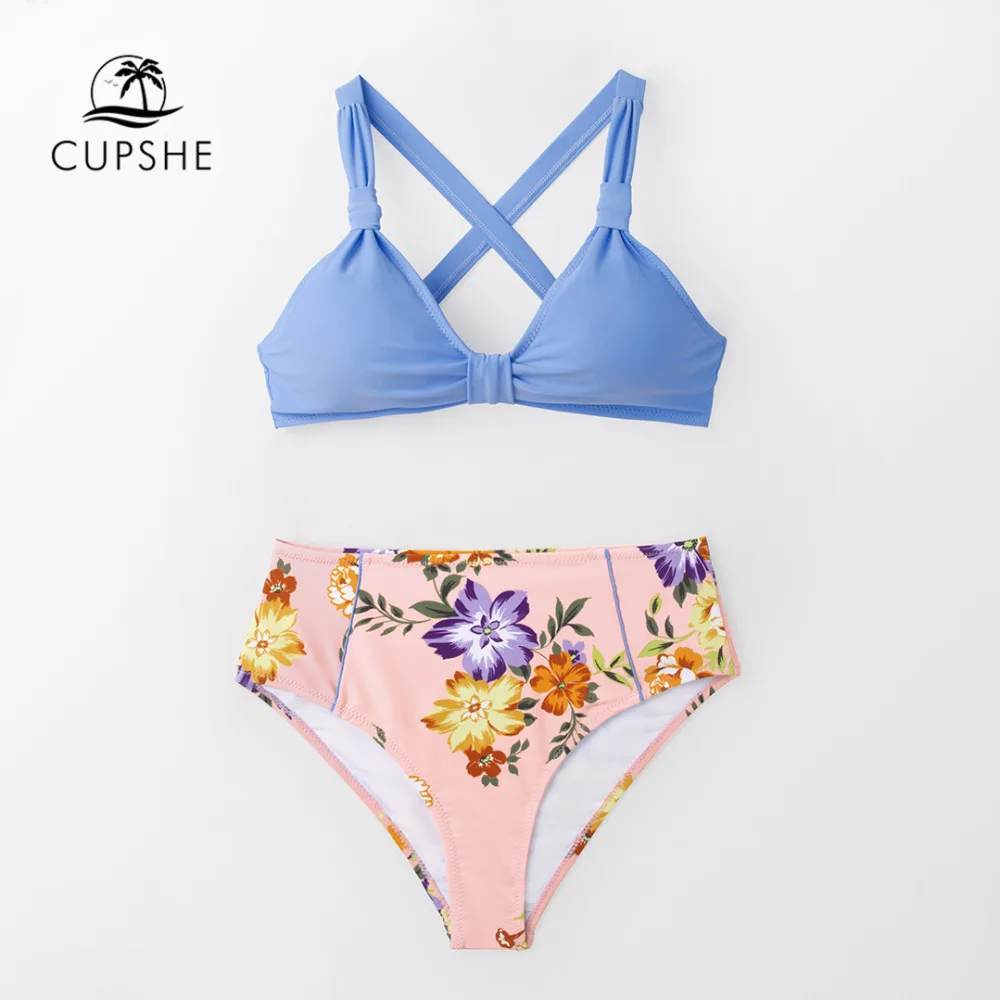 Женский купальник бикини CUPSHE однотонный с цветочным принтом и узлом пляжный