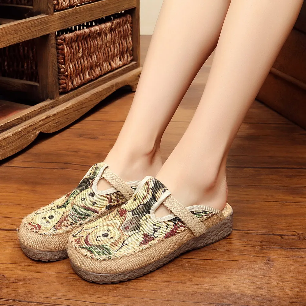 Veowalk Handmade Bear Embroidery Women Linen Cotton Close Toe Flat Slippers Summer Ladies Breathable Comfort Mules Shoes | Обувь