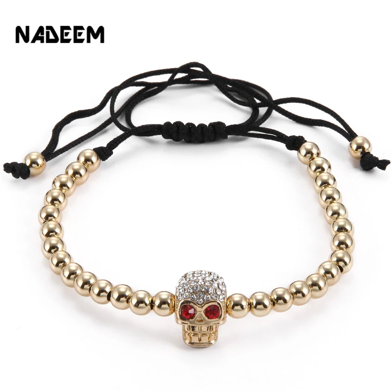 

NADEEM Hot Selling Punk Pave CZ Beads Skull Head Charm Bracelet 5MM Copper Beads Men Braided Macrame Charm Bracelet Jewelry