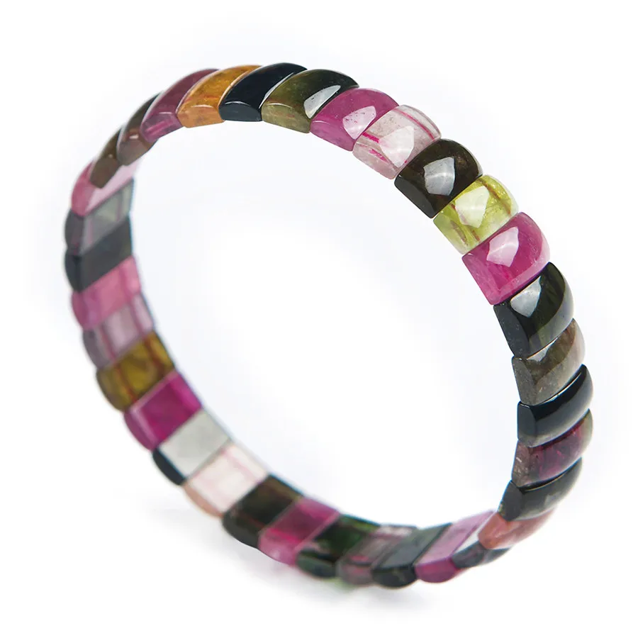 

Genuine Natural Crystal Rectangle Beads Colorful Tourmaline Stone Fashion Stretch Women Jewelry Bracelet 10*6*3mm