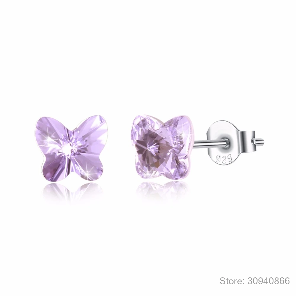 Серьги-гвоздики LEKANI с кристаллами SWAROVSKI в виде бабочек, милые серьги-гвоздики для пирсинга из серебра S925 пробы, простые ювелирные изделия для женщин и девушек