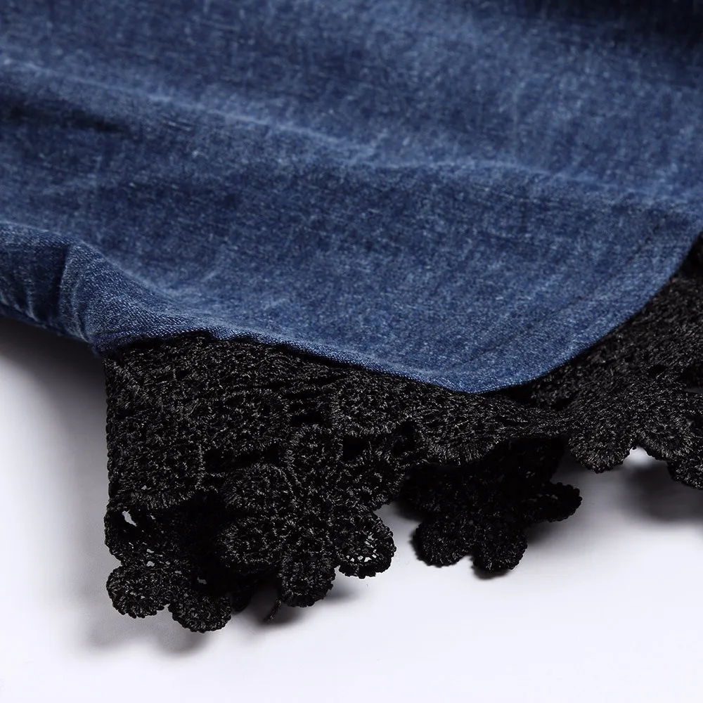 Женское джинсовое платье на пуговицах длинное кружевное с длинным рукавом