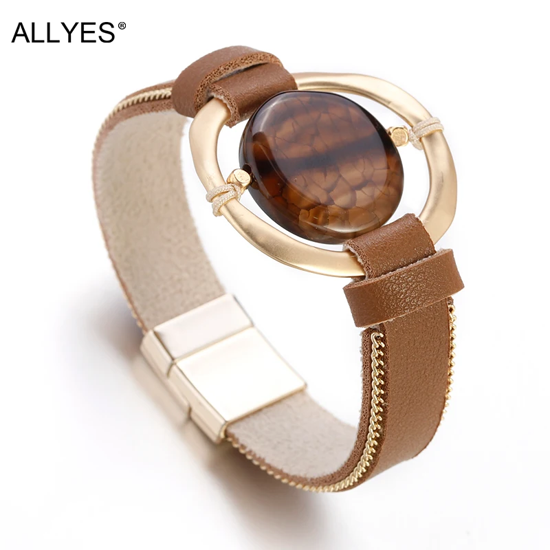 ALLYES женские кожаные браслеты Кристалл Круглый Смола Металл Шарм богемный широкий браслет обруча женские ювелирные изделия для вечеринки