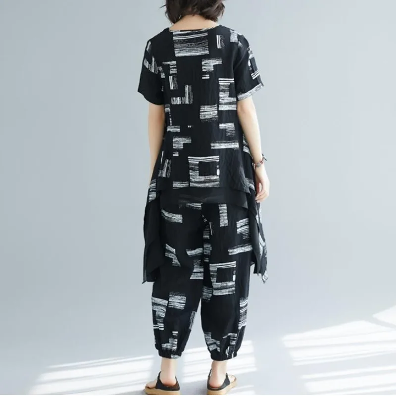 #0820 Black White Long Tees And Harem Pants Cotton Linen Printed Suits Ladies Casual Two Piece Set Trousers Top Asymmetrical |