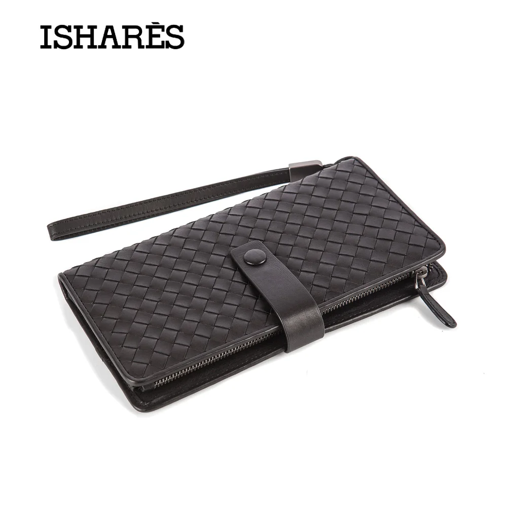

High quality New 2018 Men Cow leather Long wallets with strap calf leather Hasp Purse Handmade woven genuine leather IS1311-21