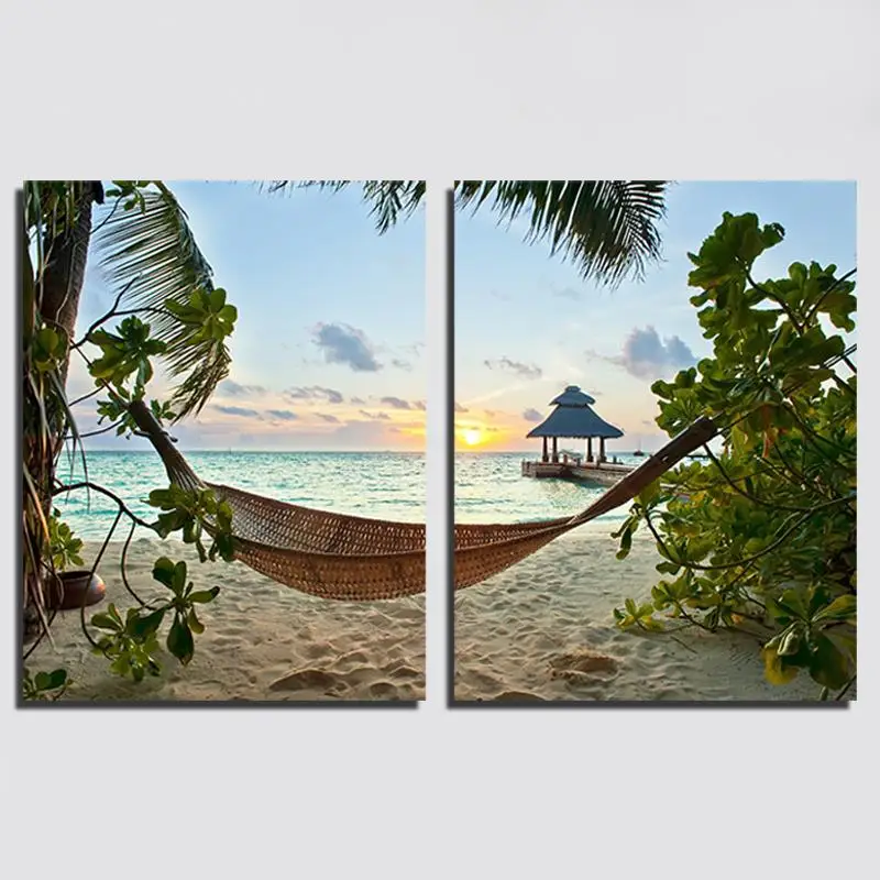 

2pcs No Frame Hot Sell Sandy beach Sea Canvas Painting Realist Runset Hammock Seascape Wall Painting Home Wall Decor Art Print