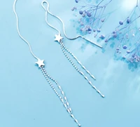 authentic real 100 925 sterling silver fine jewelry star long threader tassel earrings pull through twist beads chain gtle2343