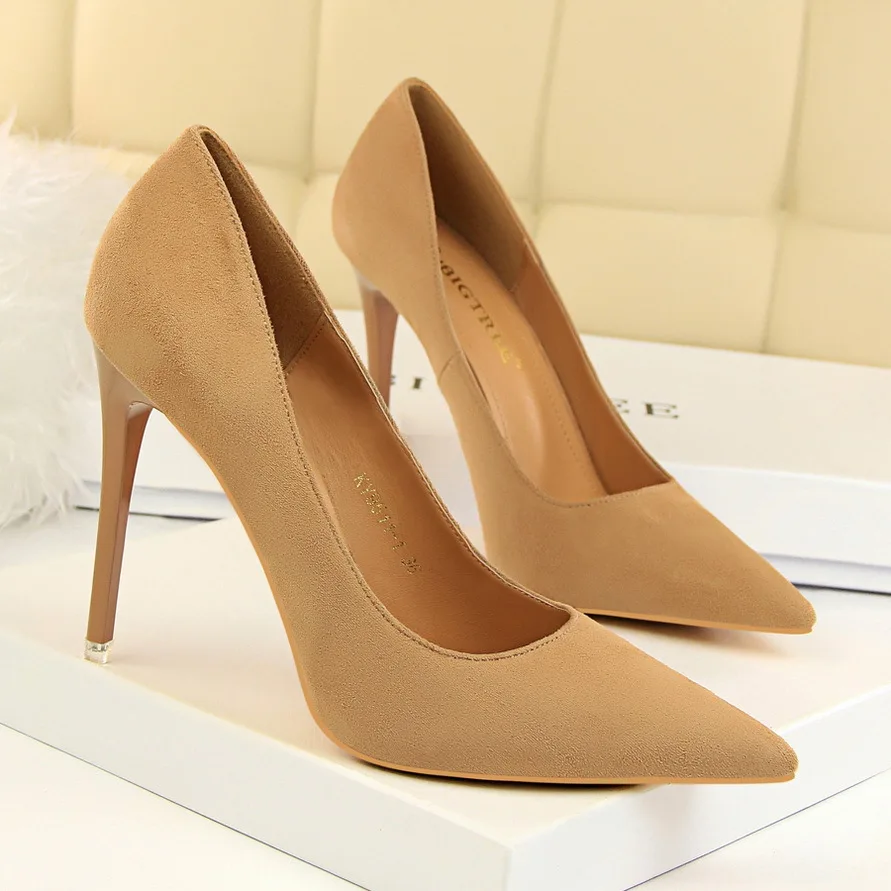 

New Women Pumps Shoes Flock Concise Slip-On 10.5cm Thin High Heels Pointed Toe Shallow Solid Sexy Lady Club Party Female Shoes