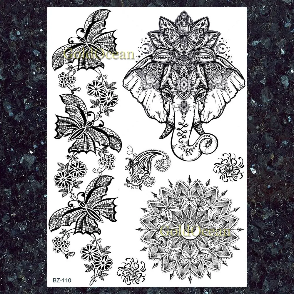 Black India Ganesha Elephant Temporary Tattoos For Adult Women Girls Mandala Henna Flower Mehndi Stickers Wedding | Красота и