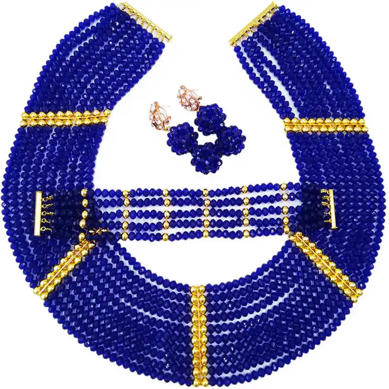 

Royal Blue African Beads Jewelry Set Crystal Beaded Nigerian Wedding Set Women Choker Necklace