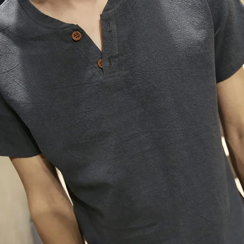 

Solid Button T-Shirt Mens Cotton Linen Sets Breathable Casual M-5XL Shorts For Men Clothing Suit Set Male Fashion Suit