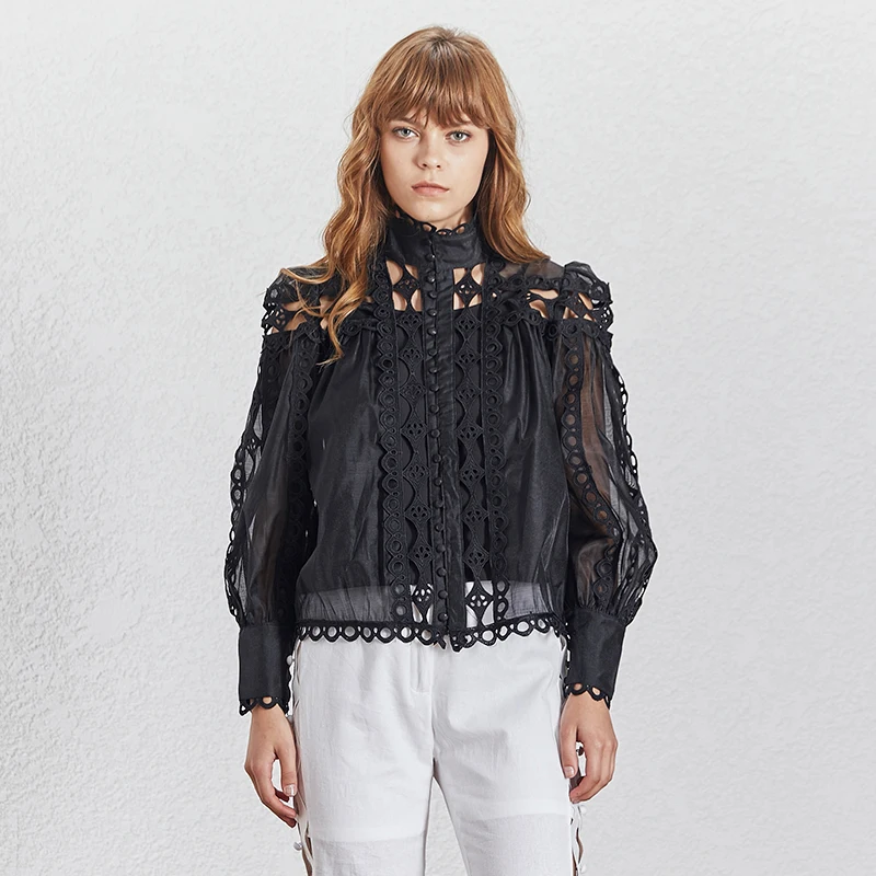 TWOTWINSTYLE летняя однотонная женская блузка со стоячим воротником и длинным рукавом на пуговицах, женская одежда, модная новинка