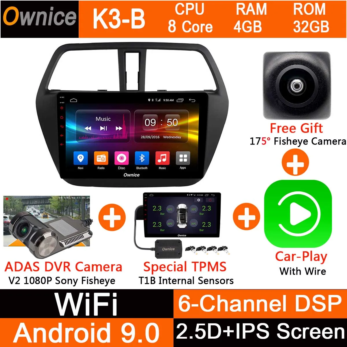 " ips Octa Core 4G+ 32G Android 9,0 автомобиль DVD CarPlay DSP для Suzuki SX4 S-Крест с крест 2013- автомобильное радио с GPS Радио ADAS - Цвет: K3B-CarPlay-TPMS-DVR