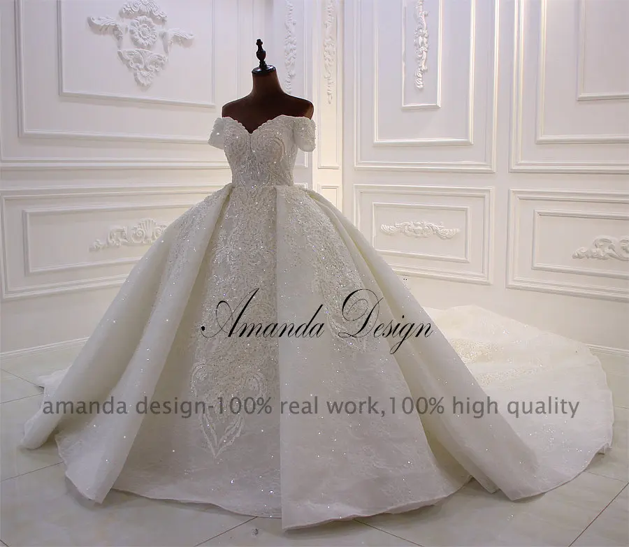 Аманда дизайн vestido de novia desmontable Лодка шеи короткий рукав стразы роскошное свадебное платье
