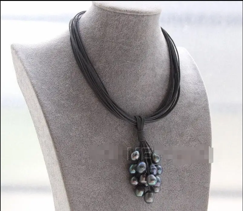 Бесплатная доставка, Лидер продаж, новый стиль, 15 нитей, серые, кожаные, павлиньи, черные жемчужины, чокер, ожерелье, подвеска E2240
