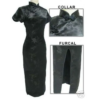 Черный Темно-синие Винтаж китайский Для женщин длинный атласный Cheongsam Ципао вечернее платье цветок плюс Размеры S M L XL XXL XXXL 4XL 5XL 6XL J3089 - Цвет: Черный