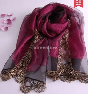 B7 purplish red 22 цвета высокого качества, блестящие двухслойный шелк органза длинный шарф осень зима теплая обертка этнические пашмины с кружевной окантовкой - Цвет: B7 purplish red