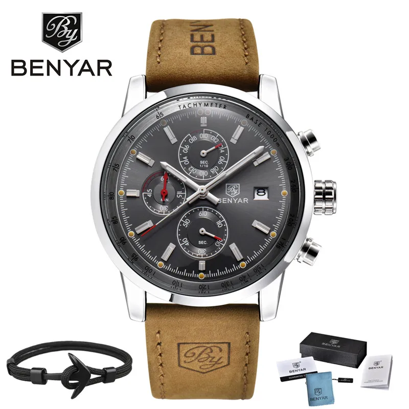silver gary box BENYAR модные роскошные Брендовые мужские часы с хронографом, Кварцевые спортивные водонепроницаемые часы с кожаным ремешком, мужские часы Relogio Masculino BY-5102M - Цвет: silver gary box