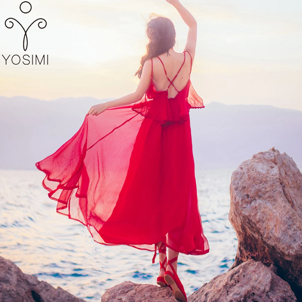 YOSIMI летнее платье Макси элегантное красное шифоновое винтажное длинное женское платье с оборками Сексуальные вечерние пляжное длинное платье с воротником-стойкой для женщин