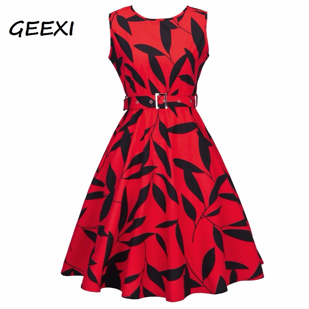 Geexi женщин год сбора винограда ретро dress foral листья распечатать рокабилли christmas