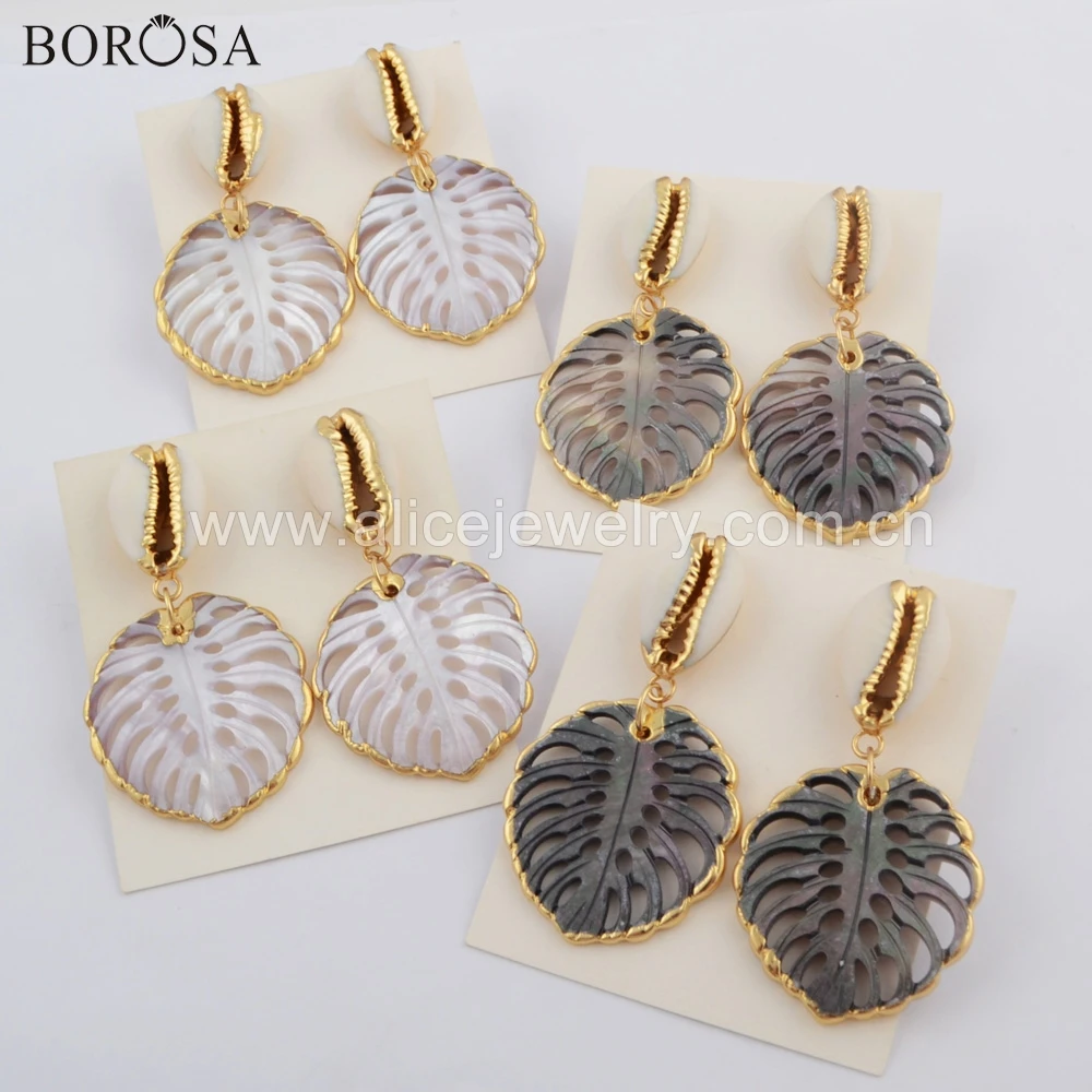 

BOROSA 3 пары, полые радужные серьги в виде листа с раковиной Cowrie, серьги золотого цвета из натуральной раковины G1775