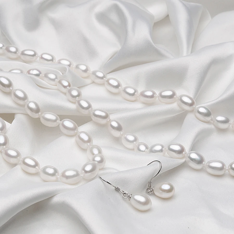 FEIGE браслет Femmes avec 7 8 мм Blanc D'eau Douce Perle Collier Ensemble et 925 En Argent Femelle|femelle| |