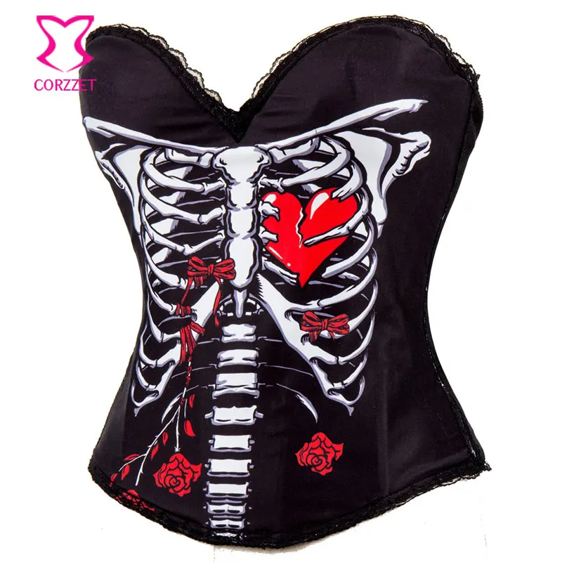 Skeleton&ampRed Heart Print Burlesque Corselet Corset Overbust Push Up Corsets And Bustiers Sexy Korsett For Women Gothic Clothing | Женская