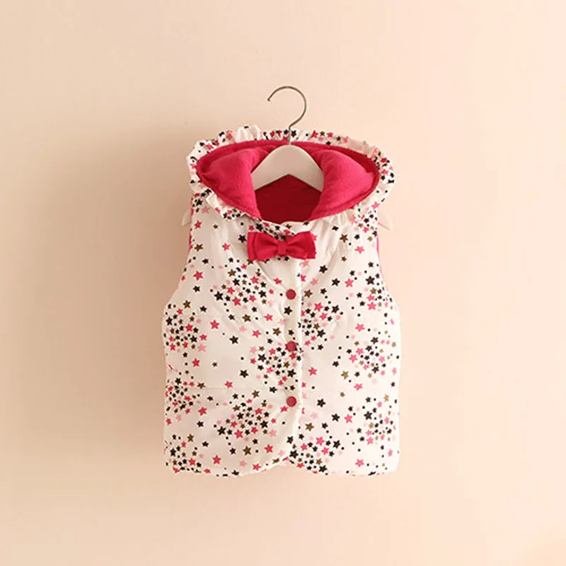 light red Зимняя жилетка для девочек детская утепленная верхняя одежда без рукавов из чистого хлопка с принтом со звездой, модный теплый зимний жилет с капюшоном для детей возрастом от 2 до 10 лет - Цвет: light red