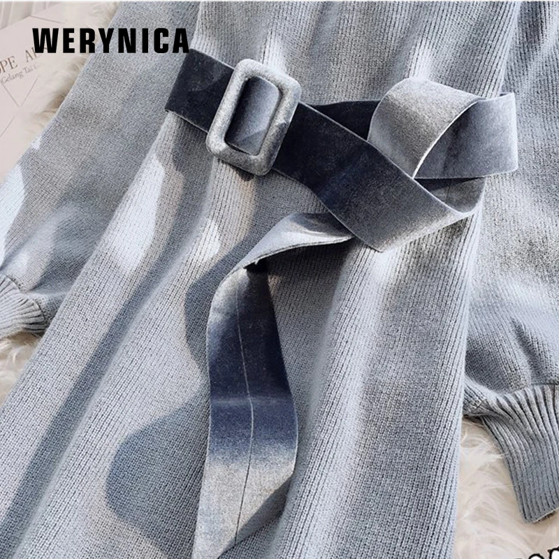 Женское трикотажное платье с поясом Werynica винтажное длинным рукавом и кружевом