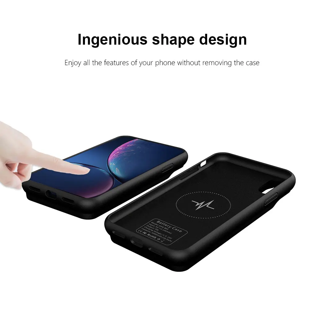 5000 мА-ч, беспроводное зарядное устройство power Bank для iPhone XR чехол-аккумулятор Задний зажим зарядное устройство для телефона Чехол черный