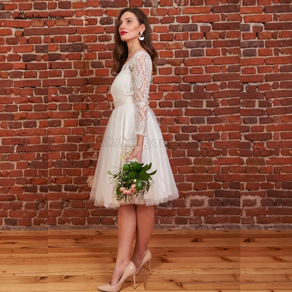 Женское Короткое свадебное платье lakshmidress винтажное с длинным рукавом и открытой