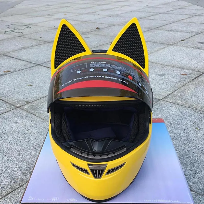 Милое желтое с кошачьими ушками Moto rcycle шлем Автогонки противотуманные полный