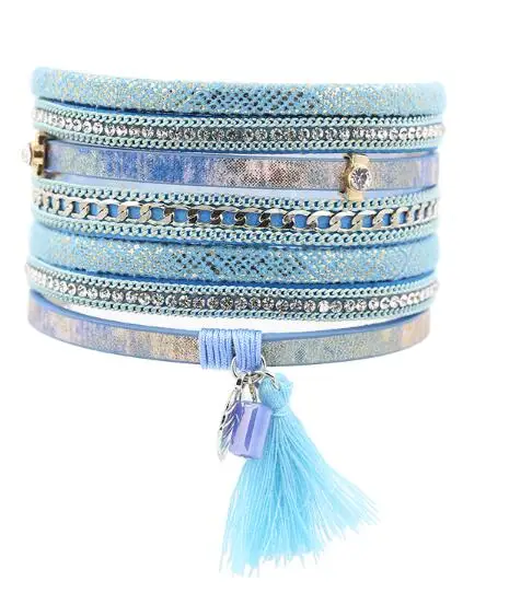 Blue STRATHSPEY новая мода Многослойные Стразы кожа кисточкой браслет с браслетом дружбы магнитные ювелирные изделия для женщин Pulseira - Окраска металла: Blue
