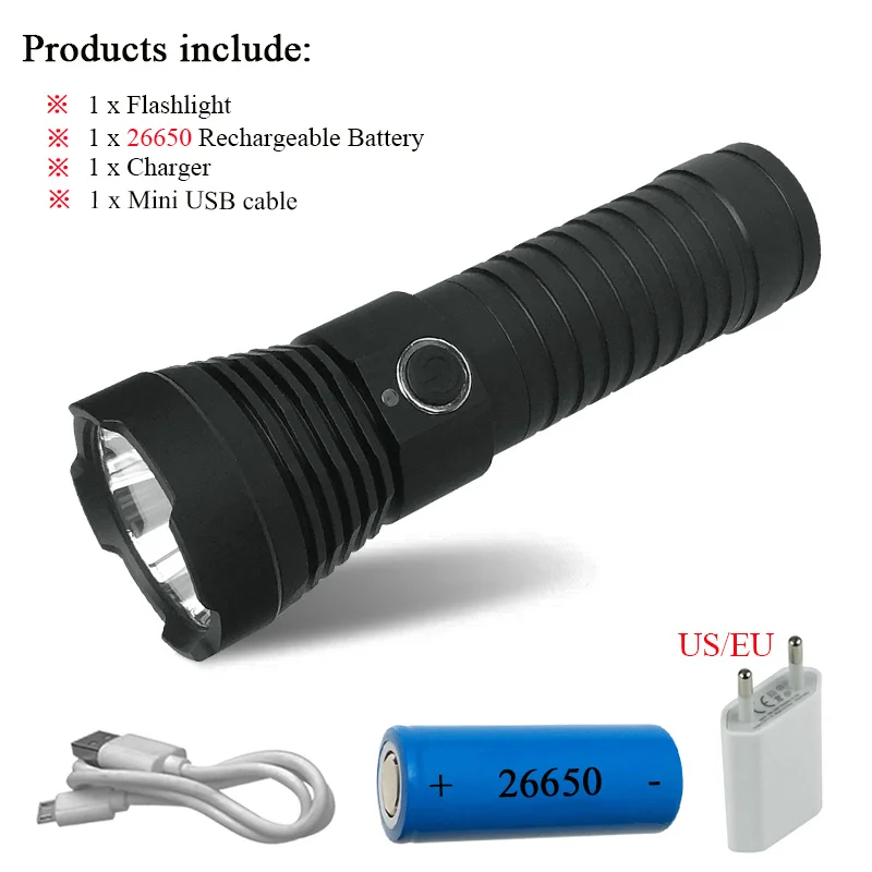 DHW522B1 Мощный светодиодный фонарик USB 26650 или 18650 перезаряжаемый аккумулятор CREE XM L2 водонепроницаемый портативный светодиодный фонарь - Испускаемый цвет: DHW522B1