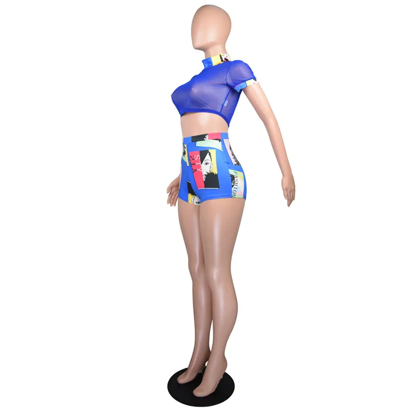 Adogirl размера плюс S-3XL, сексуальный женский комплект из двух частей, прозрачный сетчатый топ с коротким рукавом, модный принт, шорты, спортивный костюм, костюм для ночного клуба