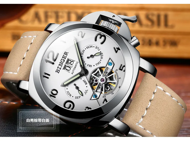 Швейцарские BINGER Мужские автоматические механические часы Tourbillon Роскошные модные брендовые мужские многофункциональные часы из натуральной кожи