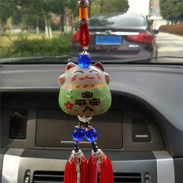 Подвеска для автомобиля, керамический милый счастливый кот, безопасное вождение, висячие украшения, Автомобильное зеркало заднего вида, украшение, подвеска, отделка, подарок - Название цвета: Зеленый