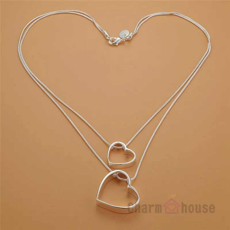 Женская двухслойная подвеска в виде сердца колье из чистого серебра 925 пробы с