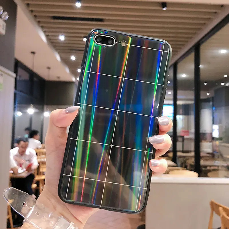 Глянцевый IMD закаленное стекло чехол для iPhone 6 S 7 8 Plus пара геометрическая решетка