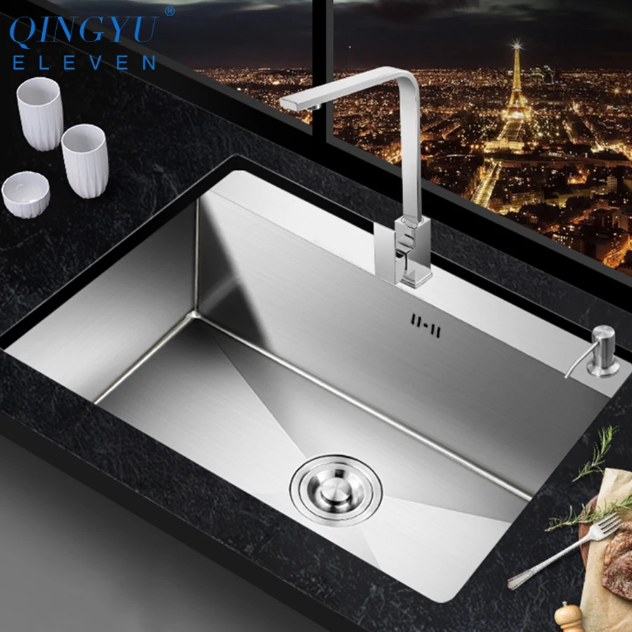 QINGYU ELEVEN кухонная раковина без свинца, austenitic, ручная работа, матовая 304 нержавеющая сталь, толщина 3 мм, одинарная чаша, кухонная раковина