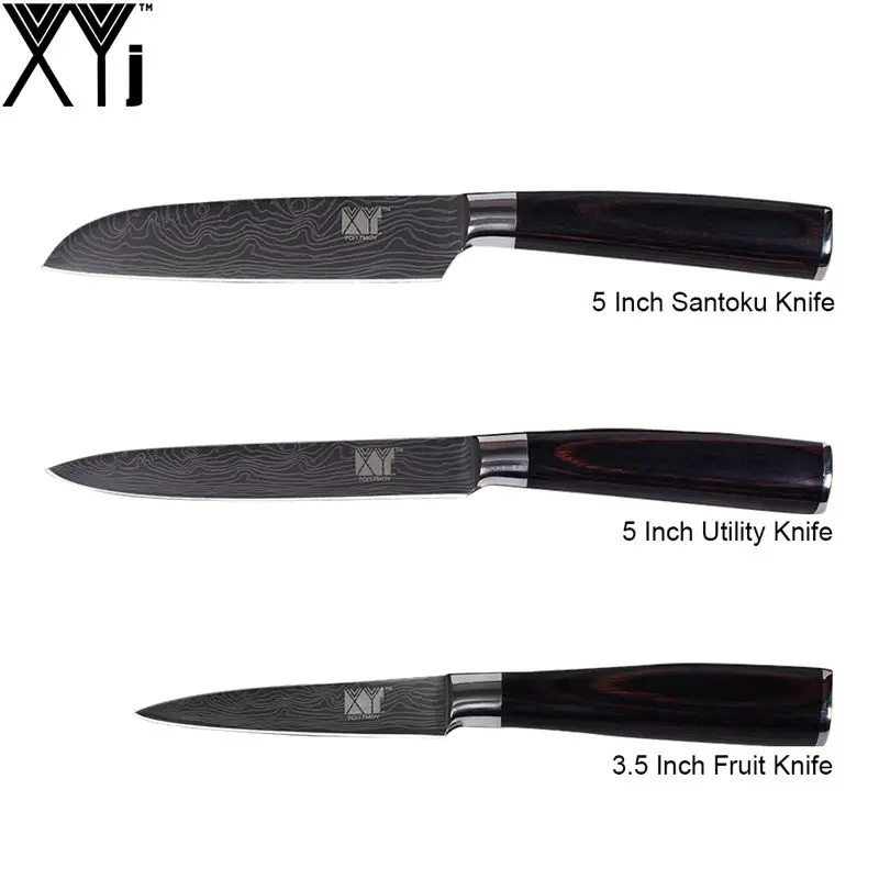F.(3 Pcs Set) XYj Дамасские жилы, набор ножей из нержавеющей стали, высокоуглеродное лезвие с деревянной ручкой, набор кухонных ножей, изысканный кухонный подарок, 6 шт. в наборе - Цвет: F.(3 Pcs Set)
