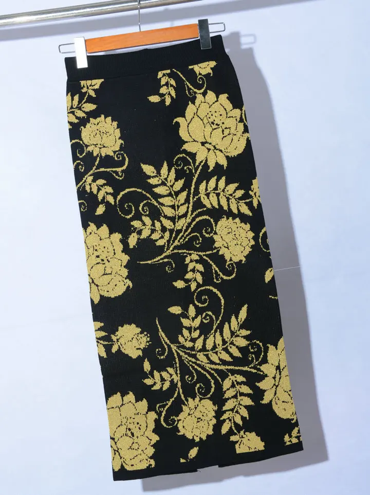 Вышивка Цветок Долго Юбка Карандаш Зима Черный Синий Красный Макси Высокой