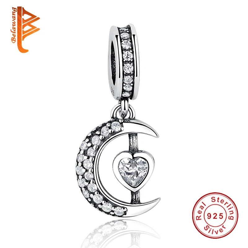 

BELAWANG 100% 925 Sterling Silver Moon Charm Beads with Crystal Heart Pendant fit DIY Women Bracelets Necklace Jewelry Making