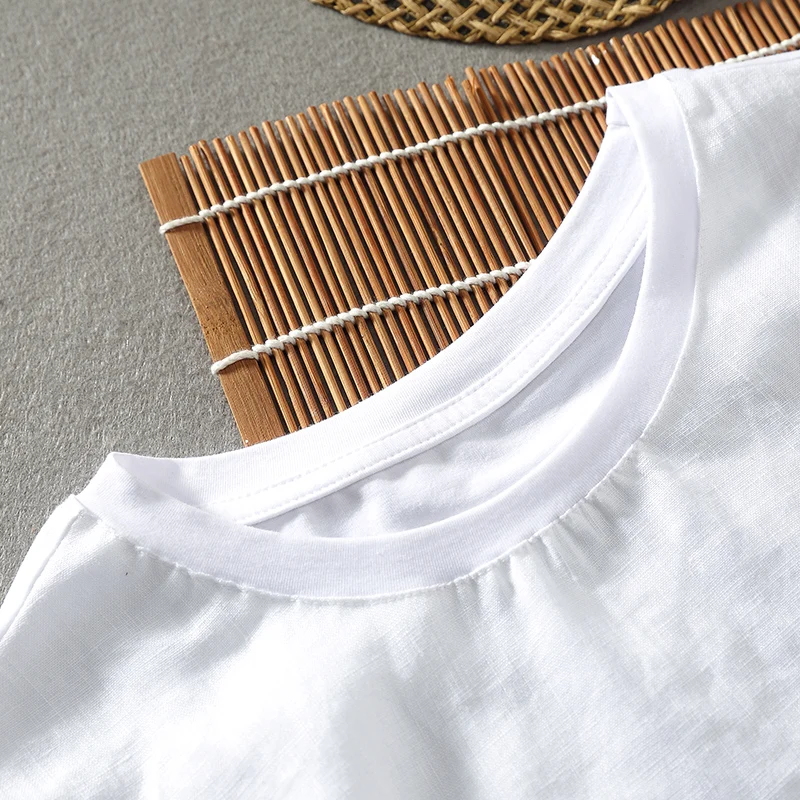 Новое поступление 2018 Льняная мужская футболка с вышивкой и принтом короткими