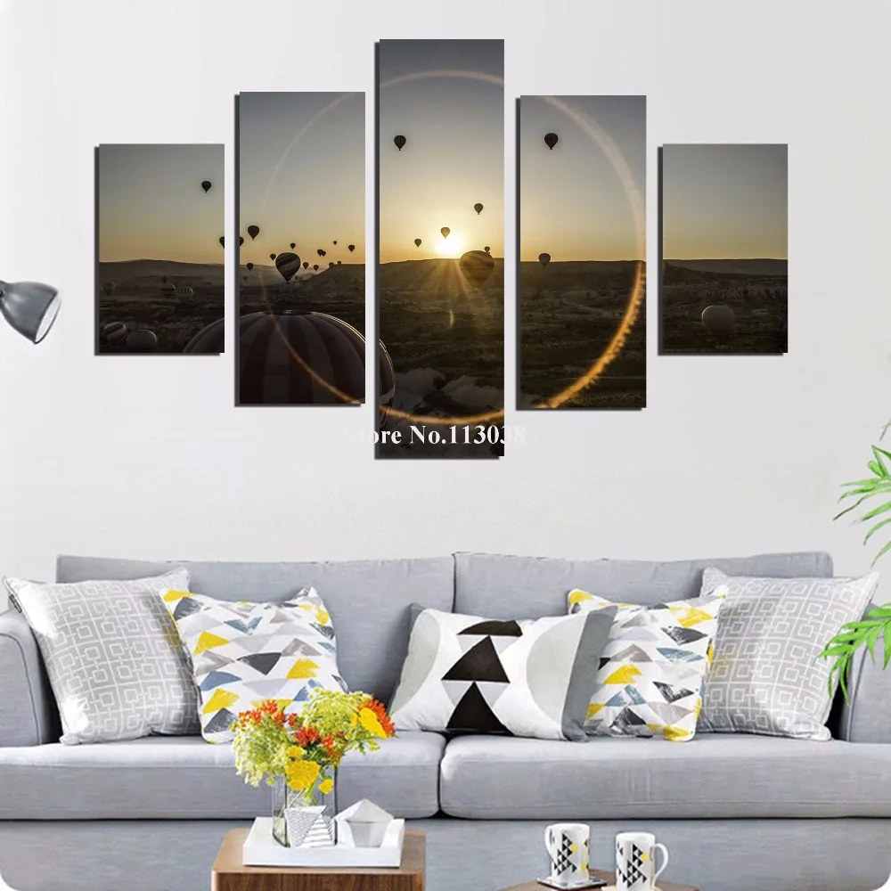 

5 Panels Hot Air Balloons Sunset Landscape Printed Canvas Painting Living Room Wall Art Pictures Do Dropship