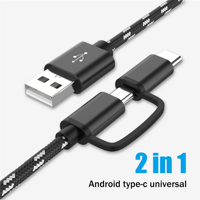 2 в 1 плетеный кабель Micro USB для Samsung Galaxy 2A быстрой зарядки Type-C зарядное устройство