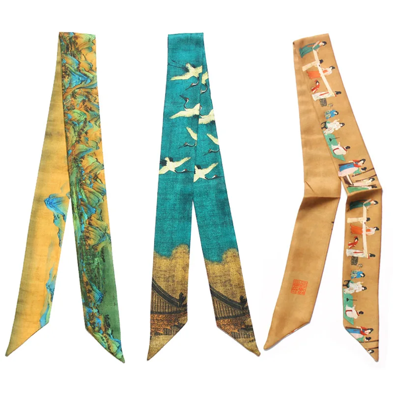 

Chinese ancient painting Pattern Silk Scarf Lucky Bird Animal Pattern Printed Tie Women Wrap Ribbon for Bag Neck Decoration