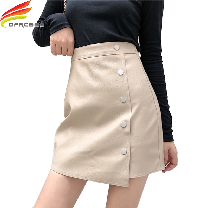 Mini Skirt 2018 Autumn Winter New Arrivals Khaki Black Leather Side Single Button Skirts Womens Korean Fashion Sexy | Женская одежда